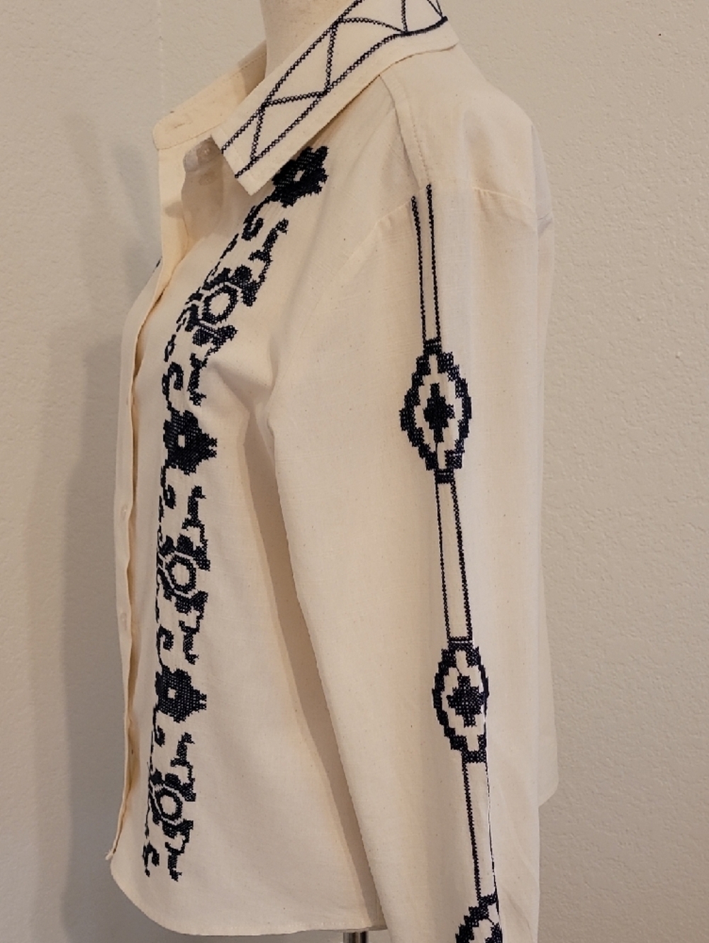 Cream Button-Down Shirt with Navy Embroidery - Picture 4 of 7
